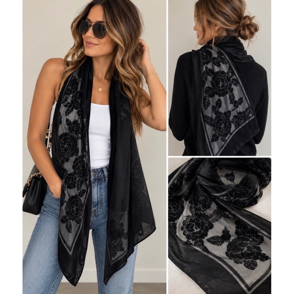 Velvet Burnout Floral Shawl Scarf Women OS Black Rose Sheer Wrap Witchy Goth